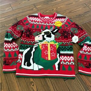Holiday Editions Red & Green Cow Gift Appliqué Crewneck Sweater